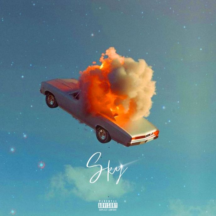 the album cover for sky is shown with an image of a car on fire