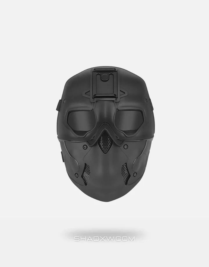 Face mask design: Techwear, warcore Material: PVC, nylon Size: One size Dimension: 23.5*18.5cm Features: Night vision adapter base, breathable cloth, sponge cushions, lenses to protect eyes Black head gear included Weight: 460g Free shipping Black warcore mask with headgear The Warcore Mask is a protective gear inspired by military personnel and extreme sport enthusiasts alike. Designed with the latest in advanced technology, the Warcore Mask offers superior protection against any potential thre Black Shock Resistant Protective Gear For Outdoor, Wear-resistant Black Protective Gear For Outdoor, Black Helmet Shaped Mask For Protection, Black Helmet-shaped Masks And Prosthetics For Protection, Black Protective Gear With Shock Resistance, Black Shock Resistant Protective Gear, Shock Resistant Black Protective Gear, Warcore Mask, Functional Black Shock Resistant Protective Gear