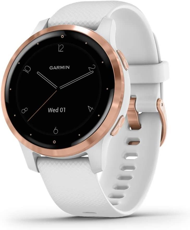 the garmin smart watch is shown in white and rose gold