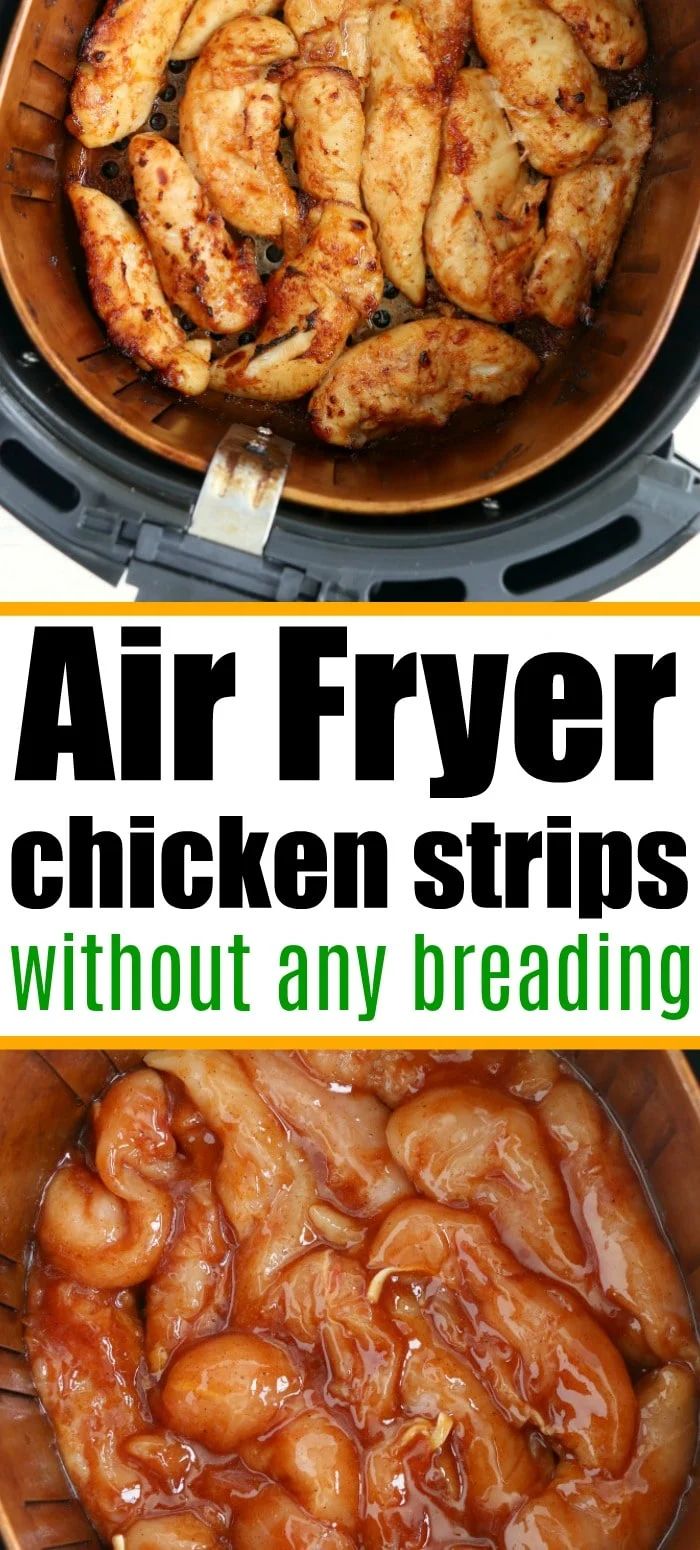 air fryer chicken strips in an air fryer with text overlay