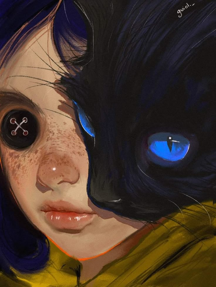 a painting of a girl with blue eyes and a black cat's eyeball