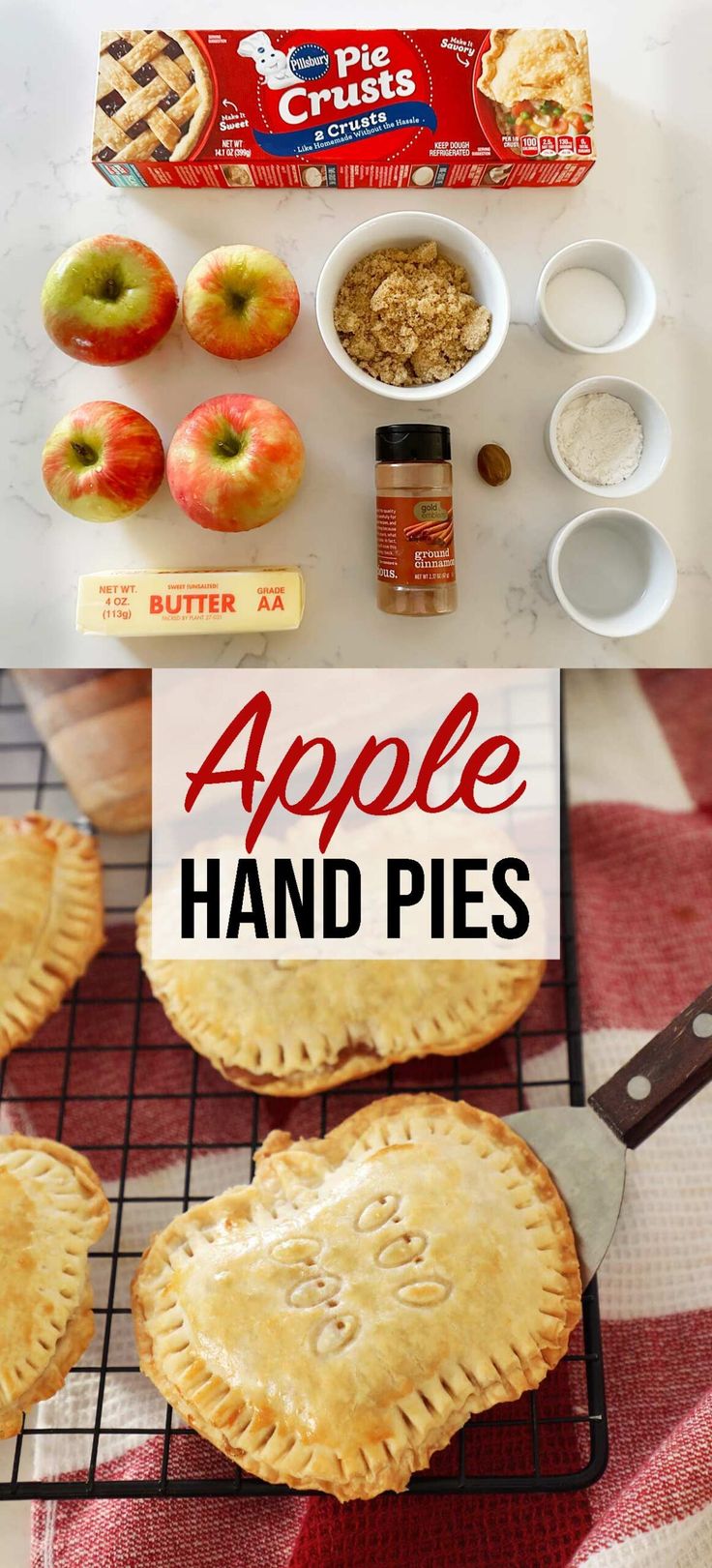 apple hand pies on a cooling rack with apples in the background and ingredients to make them