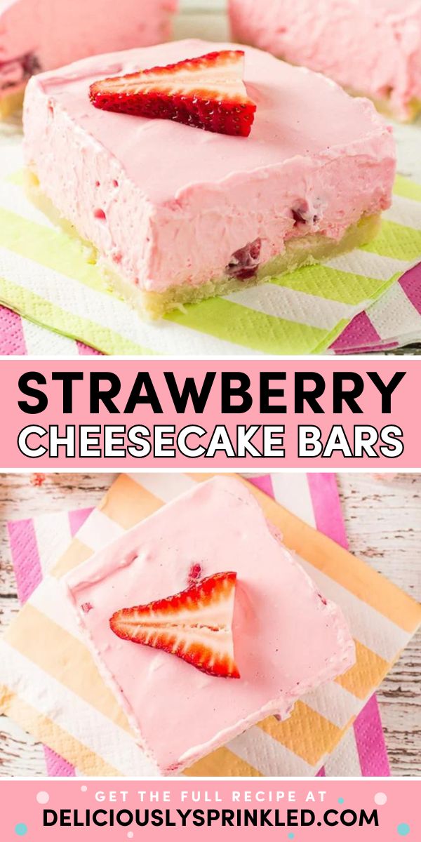 Grab some fresh strawberries for a yummy summer dessert! From the sugar cookie crust to the light and fluffy filling, these easy strawberry cheesecake bars are amazing. Save this strawberry bar recipe for a perfect 4th of July sweet! Easy Strawberry Cheesecake, Strawberry Cheesecake Bars, Sugar Cookie Crust, Dessert Simple, Baked Strawberries, Bar Recipe, Easy Strawberry, Cookie Crust, Monkey Bread