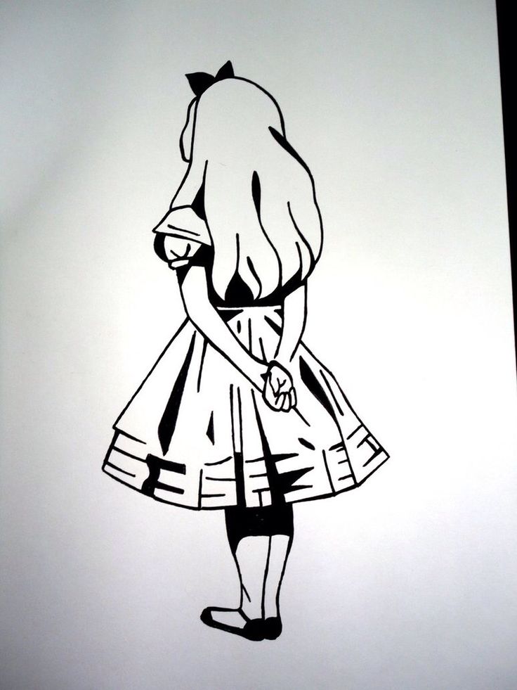 a black and white drawing of a girl in a dress with a bow on her head