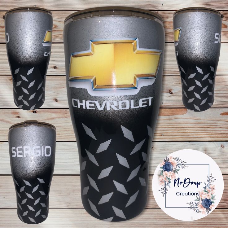 the chevrolet logo is shown on this tumbler cup and three other cups with matching decals