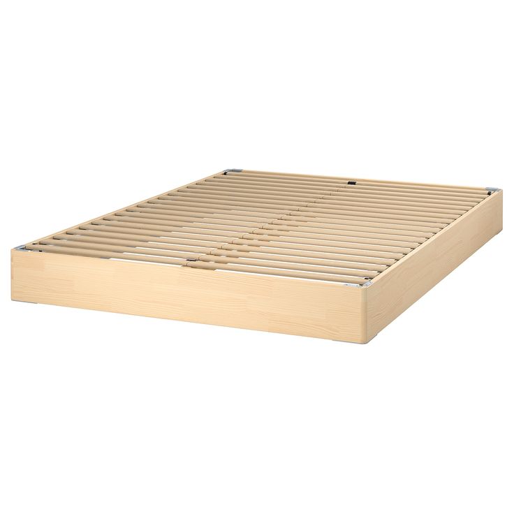 a bed frame with wooden slats and no sheets on the headboard, in front of a white background