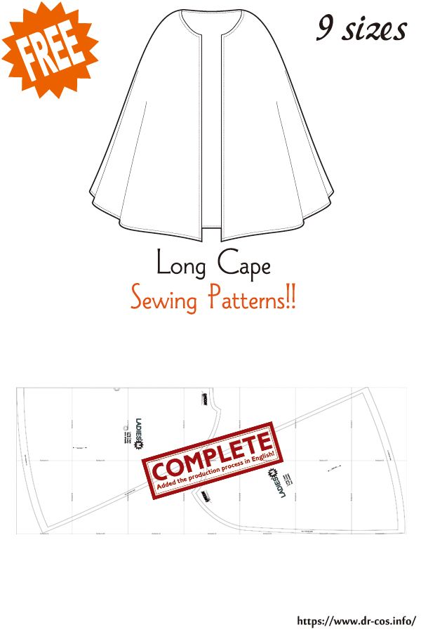 the front and back view of a sewing pattern for a cape, with text that reads long cape sewing patterns