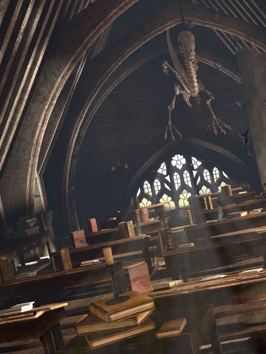 the interior of an old church with wooden pews