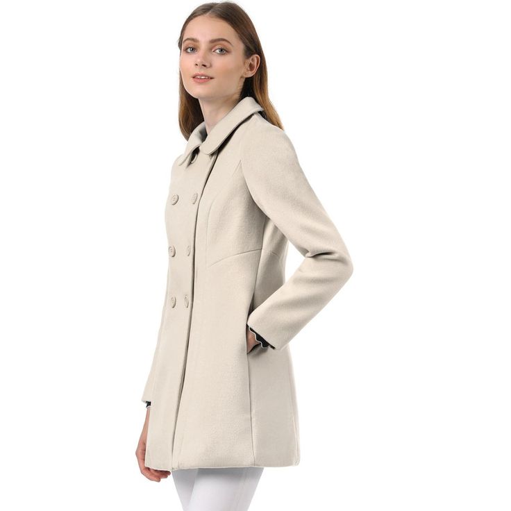 Timeless, sophisticated, and versatile, the regular-fit peacoat is an essential piece for your wardrobe. Cut in a short tailored silhouette with a doll collar, slanted pockets, and double-breasted front black buttons. Wear over chunky knitted jumpers and cute boots for a playful take on cold-weather textures. The fabric of this trench coat is soft, breathable, and comfortable to wear in winter, good quality, and chic. This fashionable and trendy clothes for women can not only be worn daily, but Structured Wool Outerwear, Fitted Beige Wool Coat For Business, Beige Pea Coat With Double Button Closure For Office, Tailored Beige Pea Coat With Notch Lapel, Fitted Pea Coat With Stand Collar For Business, Tailored Single Breasted Beige Pea Coat, Fitted Stand Collar Pea Coat For Business, Fitted Beige Pea Coat With Lapel Collar, Beige Fitted Pea Coat With Lapel Collar