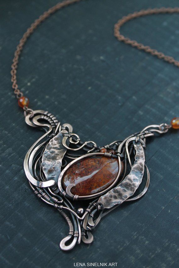 Agate Wire wrapped pendant Gemstone necklace Metalwork | Etsy Unique Handmade Wire Necklaces, Artistic Copper Wire Wrapped Jewelry, Handmade Unique Wire Necklaces, Nature-inspired Wire Wrapped Freeform Necklace, Artistic Wire Wrapped Copper Jewelry, Handmade Rust Pendant Necklace, Handmade Amber Metal Necklace, Bronze Wire Wrapped Pendant Necklace, Artisan Copper Wire Necklaces With Natural Stones