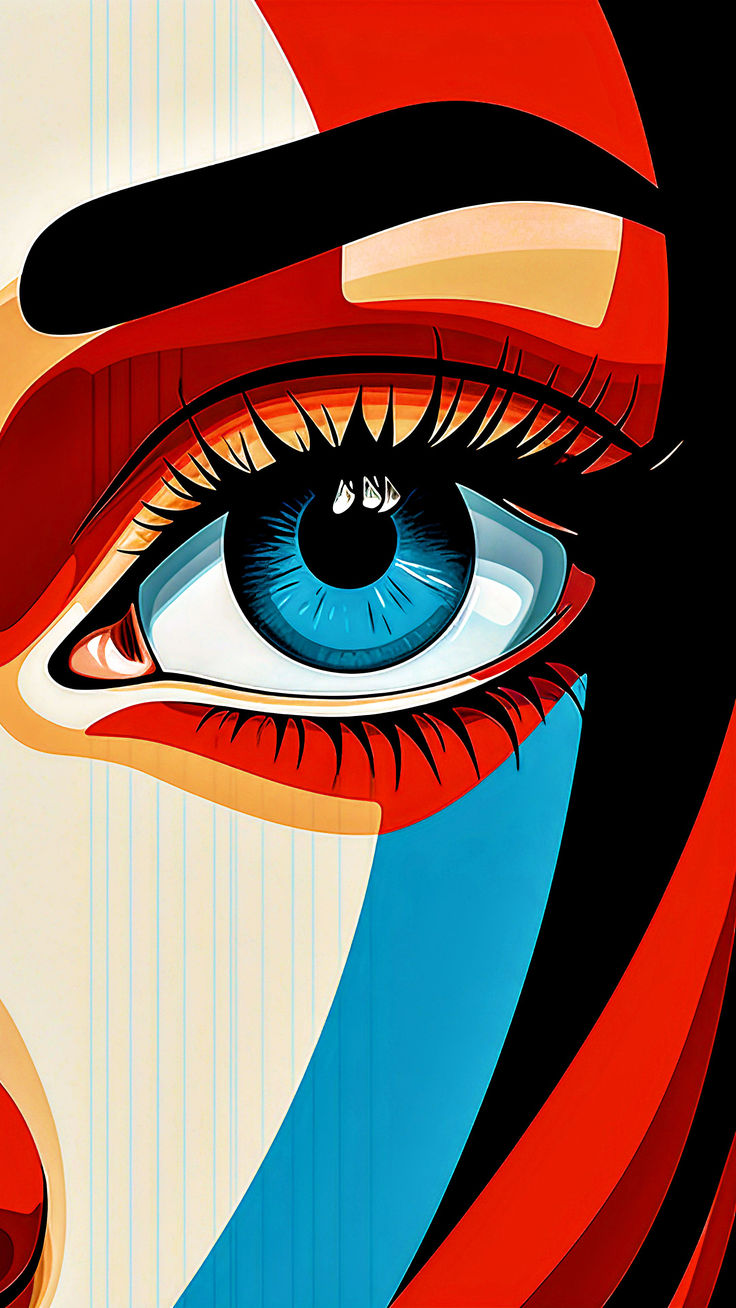 an artistic painting of a woman's eye with red, white and blue stripes