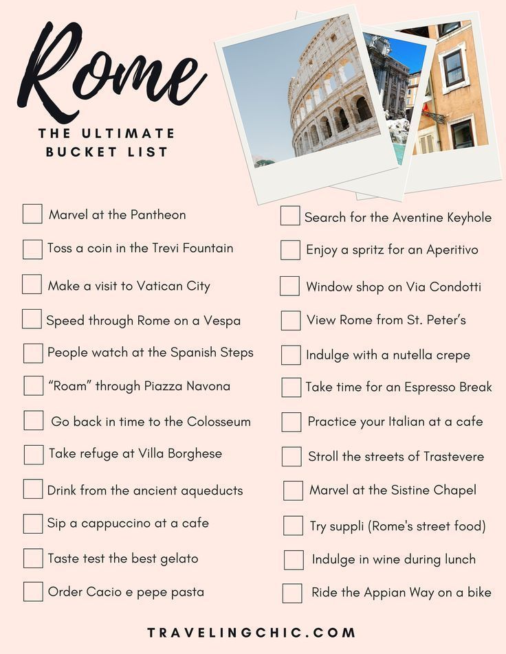 the ultimate rome travel checklist with text overlay that reads, rome the ultimate bucket list