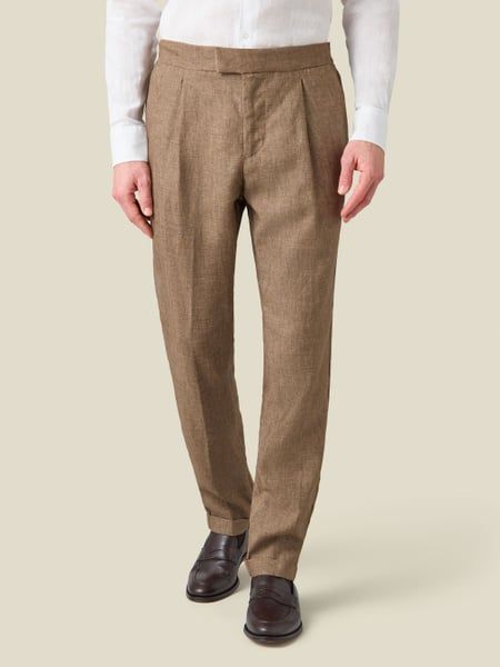 Hazelnut Brown Linen Pleated Trousers | Luca Faloni Straight Linen Pants For Business Casual, Business Casual Linen Straight Pants, Elegant Linen Tapered Leg Bottoms, Elegant Linen Tapered Bottoms, Elegant Linen Bottoms With Tapered Leg, Elegant Tapered Leg Linen Bottoms, Elegant High-waisted Linen Pants, Brown Linen Tapered Leg Pants, Tailored Elegant Linen Bottoms