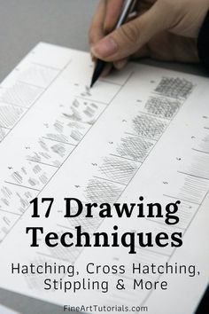 someone is drawing lines on paper with the words 17 drawing techniques hatching, cross hatching, and more