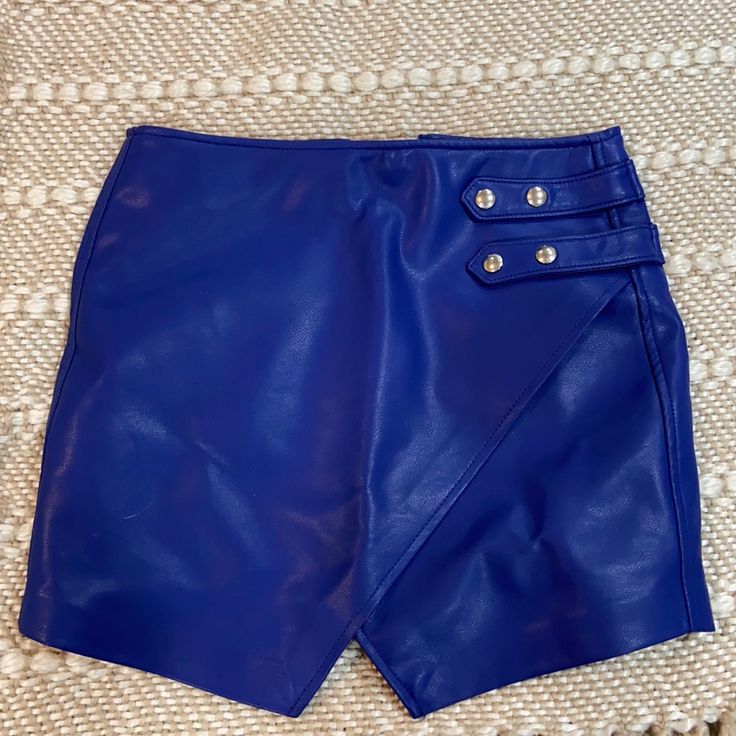 Asymmetrical Blue Leather Skirt-Never Worn Chic Blue Shorts For Night Out, Chic Party Shorts In Blue, High Waist Blue Mini Skirt For Night Out, Chic Blue Shorts For Party, Chic Blue Mini Skirt, Blue Skort For Spring Night Out, Chic Blue Party Shorts, Blue Skort For Night Out In Spring, Chic Blue Short Mini Skirt