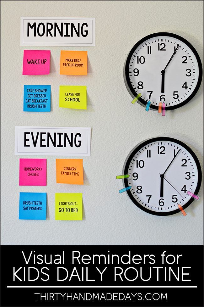 two clocks with sticky notes attached to them and the words morning, evening, and kids'daily routine