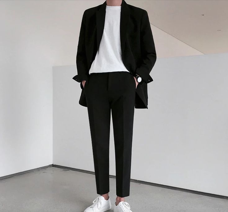 Men White And Black Outfit, Korean Male Fashion Formal, Outfit Kantor Pria, Formal Man Outfit, Formal Attire For Men Korean, Prom Night Outfit Men, Korean Fashion Men Formal Casual, Korean Formal Outfit Men, Korean Elegant Outfit Men