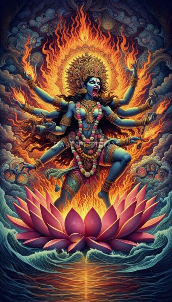 the hindu god sitting on top of a lotus flower in front of a body of water