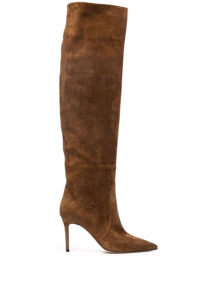 tobacco brown suede/leather pointed toe slip-on style knee-length 85mm heel high stiletto heel leather outsole Luxury Brown Knee-high Boots With Reinforced Heel, Luxury Brown Knee-high Boots With Sculpted Heel, Xhilaration Suede Boots, Luxury Brown Formal Knee-high Boots, Luxury Heeled Boots With Suede Lining And Medium Width, Tan Croc Knee High Boots, High Heel Suede Boots, Luxury Brown Pointed Toe Knee-high Boots, Stiletto Brown Boots