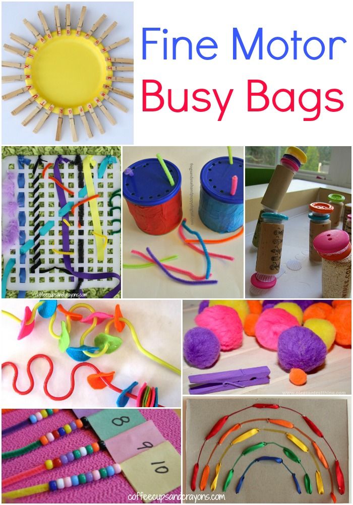 the cover of fine motor busy bags is shown with pictures of toys and craft supplies