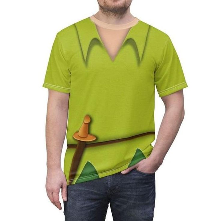 a man wearing a green t - shirt with an image of a person holding a piece of wood