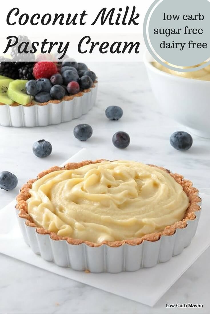 a close up of a pie on a plate with fruit in the background and text overlay that reads coconut milk pastry cream