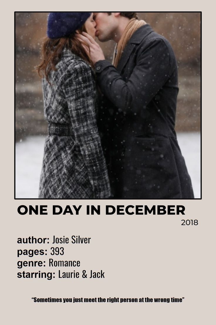 a man and woman kissing each other in front of a snow covered background with the words one day in december