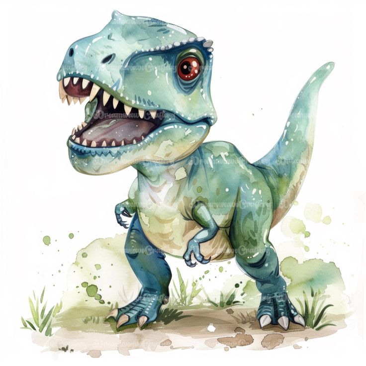 a watercolor painting of a dinosaur with its mouth open