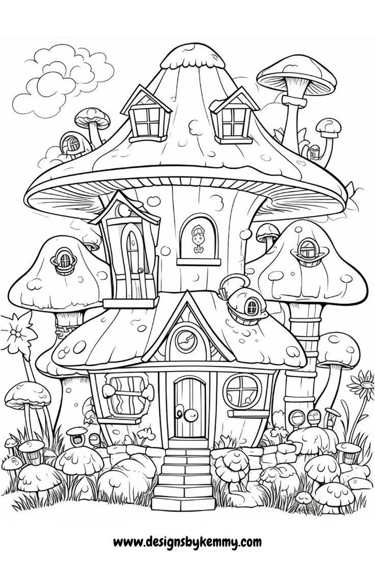 a cartoon house with mushrooms on the roof and trees in the yard coloring book page