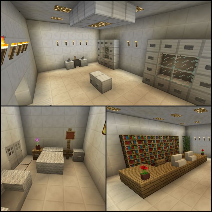 three different views of a room in minecraft