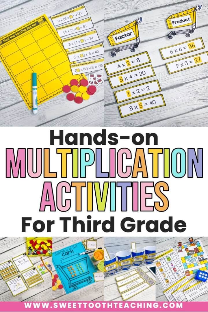 hands - on multiplication activities for third grade students to practice addition skills