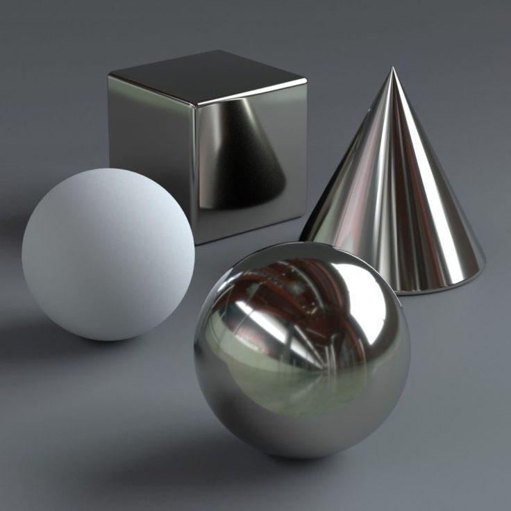 three shiny metal objects are shown in this 3d rendering image, one is white and the other is silver