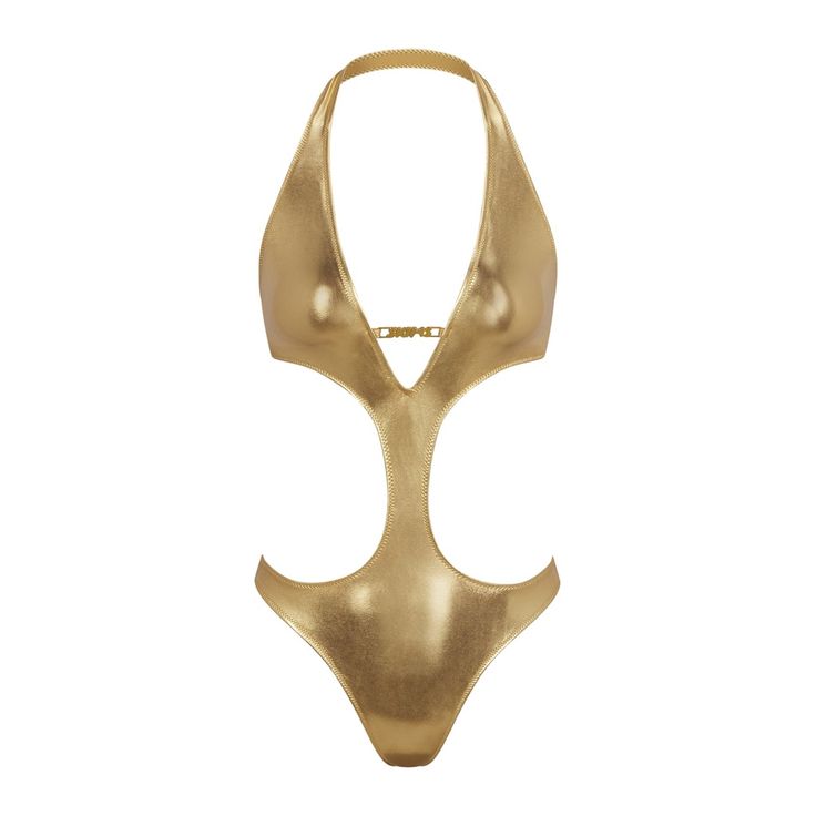 A Halter Plunge Monokini With An Open Back And Side Cut-Out Details. Metal Skims Logo Details Along The Front Neckline And Cheeky Back Coverage. The Monokini Fits True To Size Chic Gold Swimwear For Summer, Chic Gold Swimwear For The Beach, Elegant Gold Swimwear, Chic Gold Halter Neck Swimwear, Gold Halter Neck Swimwear For The Beach, Chic Gold Swimwear For The Pool, Chic Gold Swimwear For Pool, Party T-back Lined Swimwear, Party Swimwear With T-back And Lined Body