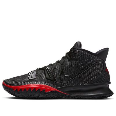 The Nike Kyrie 7 'Bred' is a sleek and stylish basketball shoe that is sure to turn heads on the court. The black mesh upper is breathable and comfortable, while the University Red accents add a pop of color. The TPU 'fingers' in the lacing system provide improved lockdown, while the forefoot Air Zoom Turbo unit and curved outsole offer great traction and support. Whether you're shooting hoops or just hitting the streets, the Nike Kyrie 7 'Bred' is a great choice. (SNKR/Basketball/Kyrie Irving) Dynamic Black High-top Basketball Shoes, Black High-top Fade-resistant Basketball Shoes, Black High-top Basketball Shoes With Shock Absorption, Black Fade-resistant Mesh Basketball Shoes, Black Fade-resistant Basketball Sneakers, Adidas Crazy, Nike Kyrie, Kyrie Irving, Air Zoom