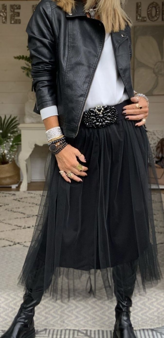 Leather Jacket Over Dress, Tulle Skirt Outfit Casual Street Style, Classy Edgy Outfits, Black Tulle Skirt Outfit, Tulle Skirts Outfit, Pewter Hardware, Edgy Dress, Victoria Beckham Dress, Tulle Skirt Black