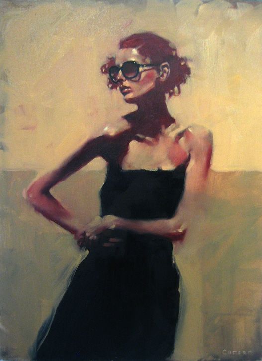 a painting of a woman wearing sunglasses and a black dress with her hands on her hips