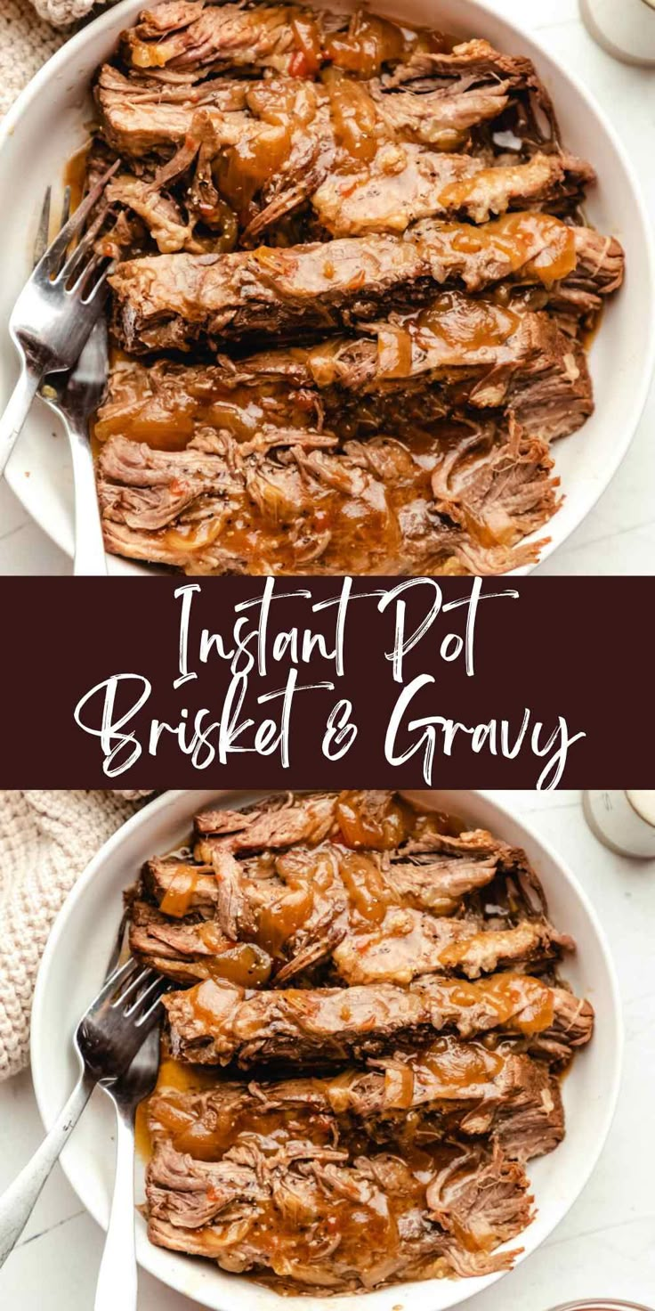 instant pot roast beef and gravy in a white bowl with fork on the side