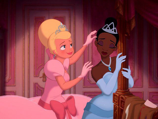 princesses are talking to each other in front of a pink background with the words dress like princesses and go for a walk