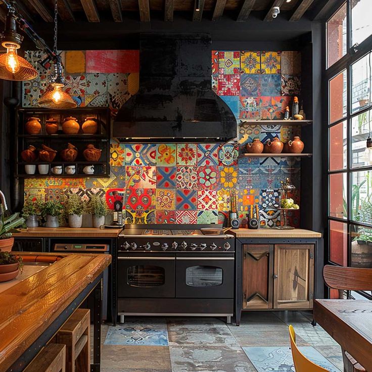 a kitchen with colorful tiles on the wall and wooden counter tops, along with potted plants