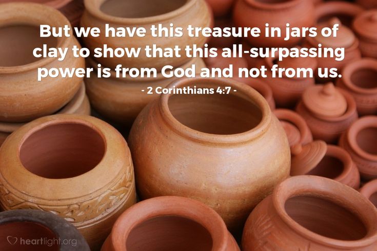 many clay pots are stacked on top of each other with a bible verse above them