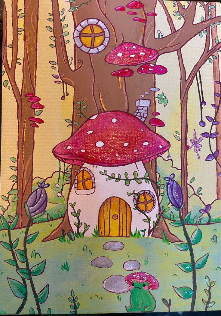 a painting of a mushroom house in the woods