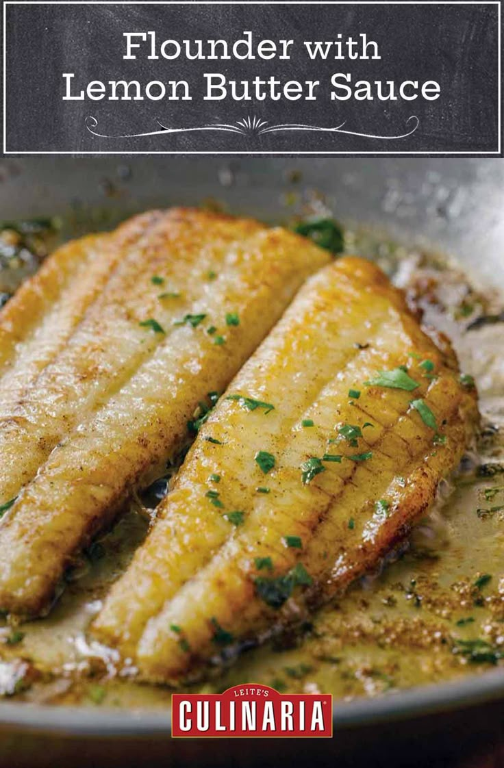 two fish fillets in a skillet with lemon butter sauce on the side and text overlay