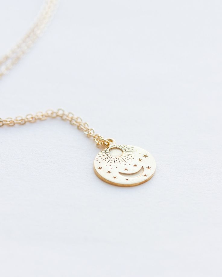 Celestial Yellow Gold Charm Necklaces With Moon Phase, Celestial Yellow Gold Moon Phase Charm Necklaces, Gold Moon Phase Necklace For Wedding, Celestial Moon Shaped 14k Gold Filled Jewelry, Celestial Moon-shaped 14k Gold Filled Jewelry, Celestial 14k Gold-filled Gold Necklace, 14k Gold Filled Celestial Gold Necklace, 14k Gold-filled Celestial Necklace, Sun Moon Necklace