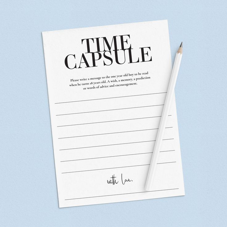 a piece of paper with the words time capsule written on it next to a pencil