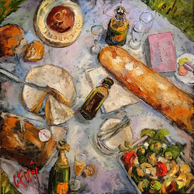 an oil painting of food and drinks on a table