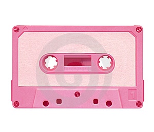 an old pink cassette tape recorder on a white background with clipping space for text