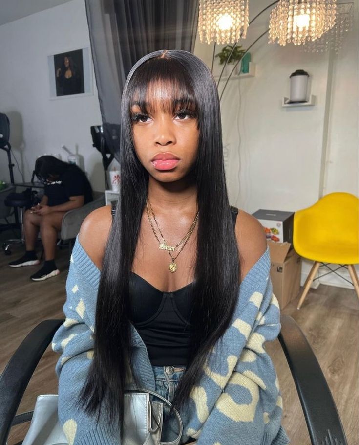 Bangs Side Part Wig, Long Black Wig With Bangs, Bangs With Wig, Straight Sew In With Bangs, Leave Out With Bangs, Jt Bangs, Bangs Lace Front Wig, See In With Bangs, Braids With Bundles