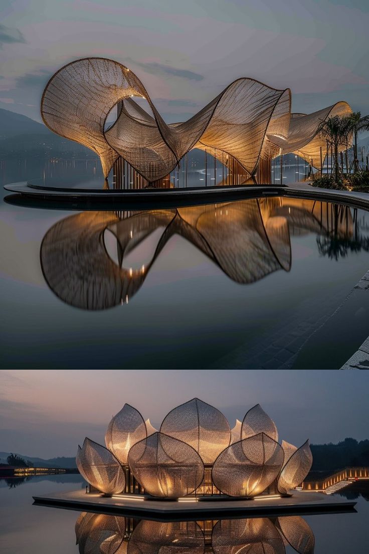 an artistic sculpture is lit up at night and in the evening, it appears to be floating on water