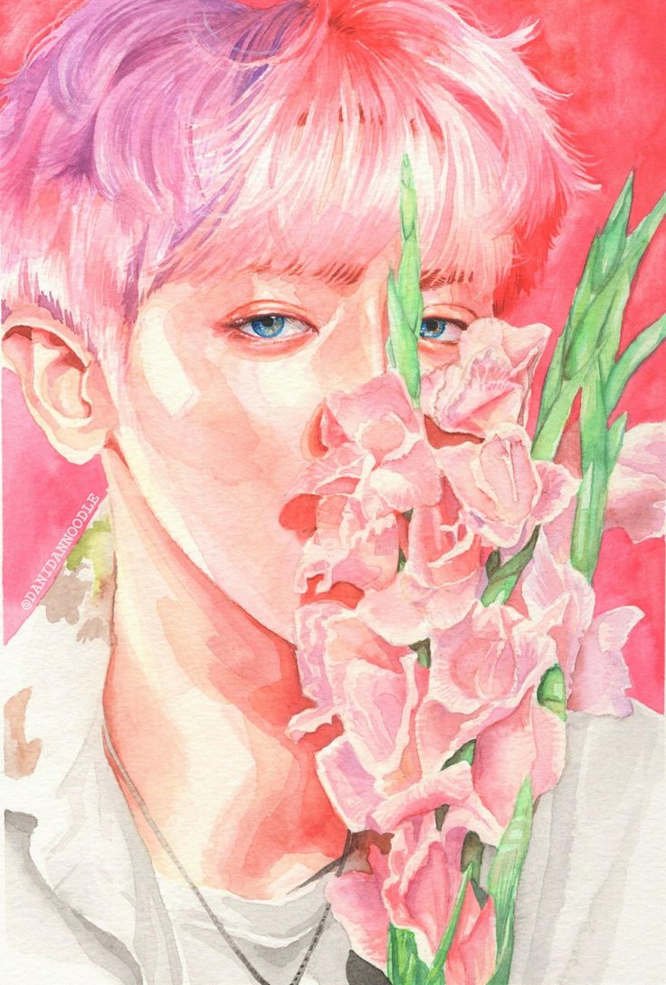 a painting of a boy with pink hair holding flowers