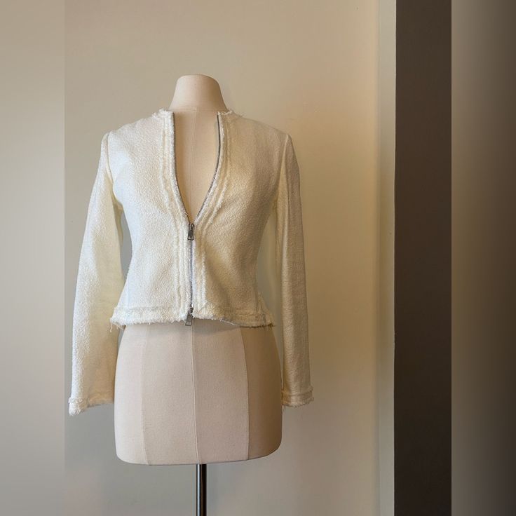 New. Spring Boucie Jacket Tailored Elegant Spring Cardigan, Elegant Tailored Spring Cardigan, Tailored Spring Cardigan For Formal Occasions, Designer Tailored White Outerwear, White Zipper Closure Cardigan, Elegant Fitted Cardigan In Winter White, Designer Fitted Cardigan For Spring, Elegant Tailored Outerwear With Zipper Closure, White Formal Winter Cardigan